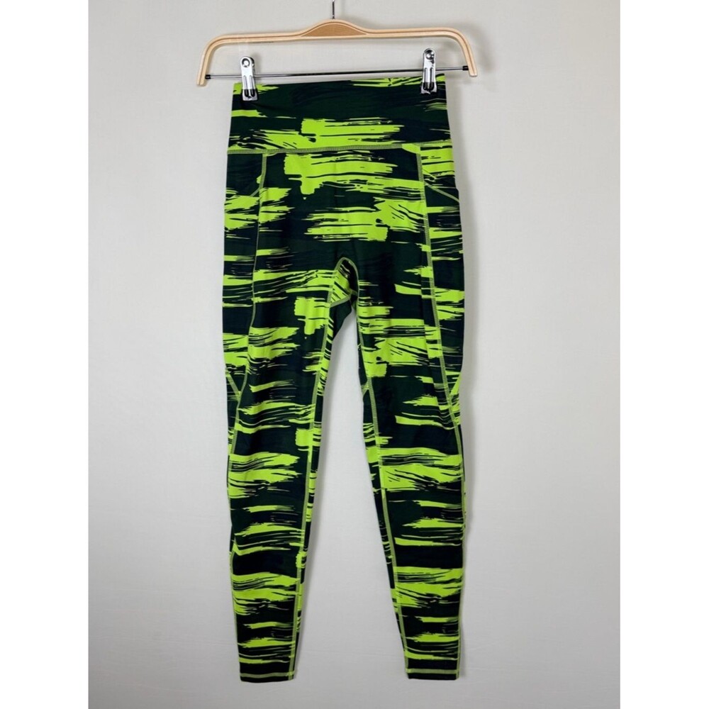 Alphalete Black and Neon Green Leggings Size Small High Rise Pockets Gym Workout
